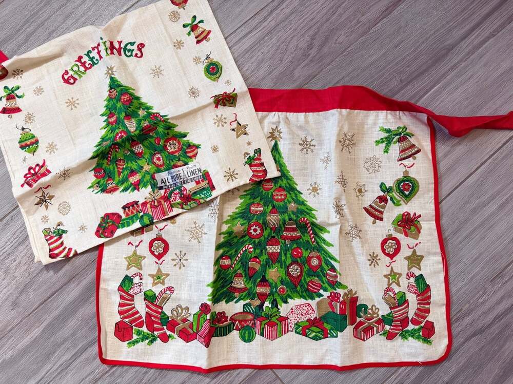 Vintage Parisian Prints All Pure Linen Christmas Tree Kitchen Towel & Apron Set